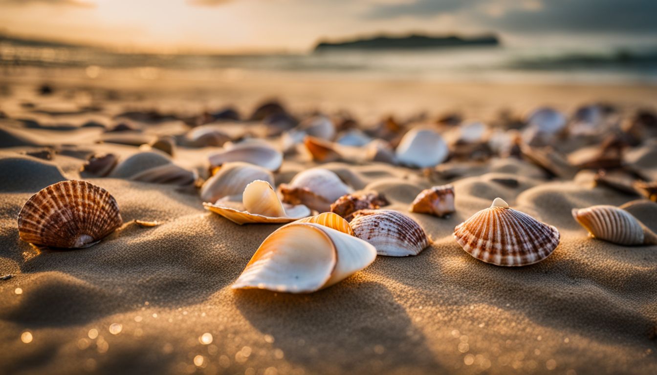 A vibrant photograph of shells scattered on Inani Beach sand captures the bustling atmosphere and beauty of the seascape.