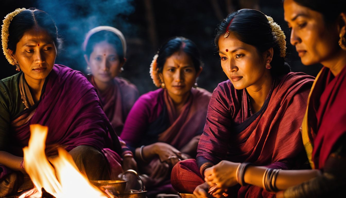 A group of Rakhine women in traditional attire gathered around a cooking fire.