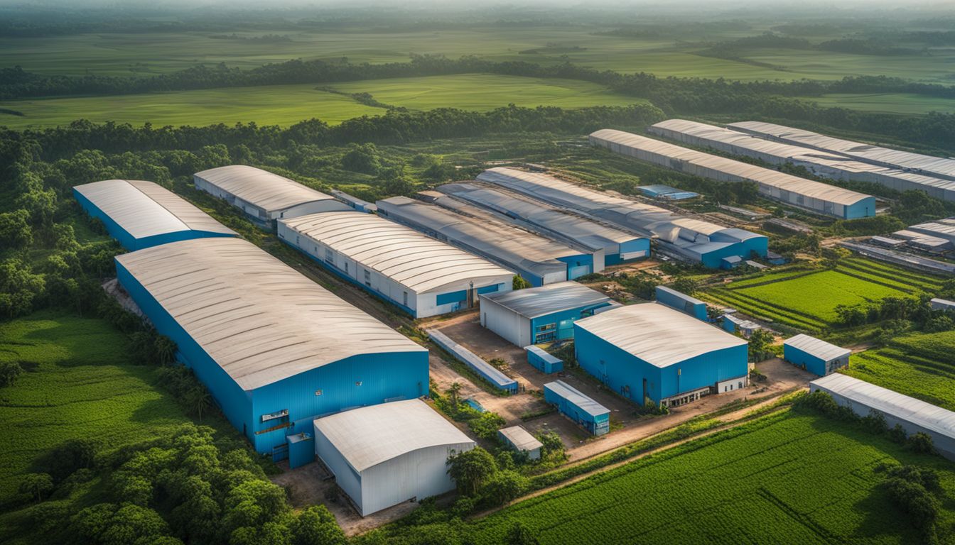 A photo showcasing Bangladesh's investment opportunities with factories and warehouses surrounded by greenery.