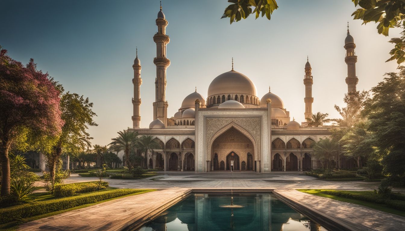 A stunning mosque surrounded by gardens, capturing the vibrant atmosphere and intricate Islamic architecture.