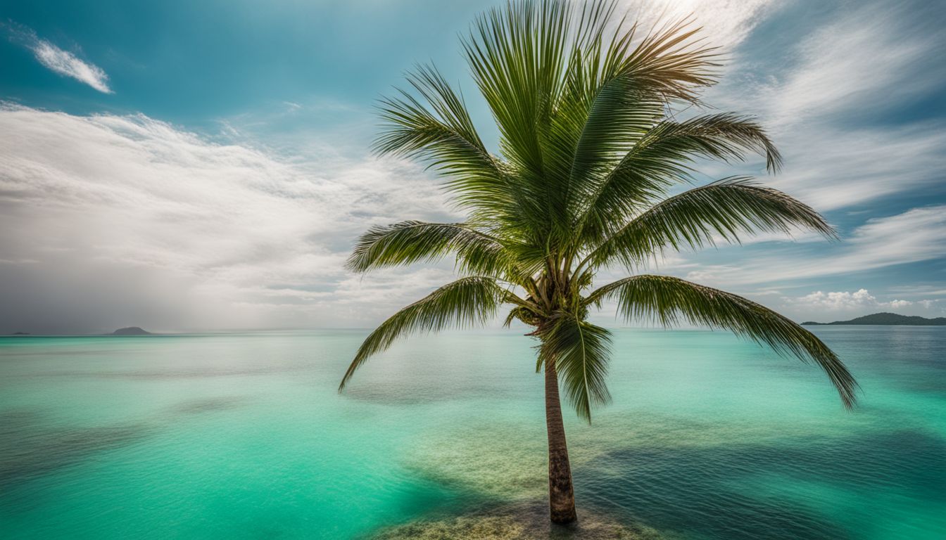 A picturesque tropical island with turquoise waters and a lone palm tree.