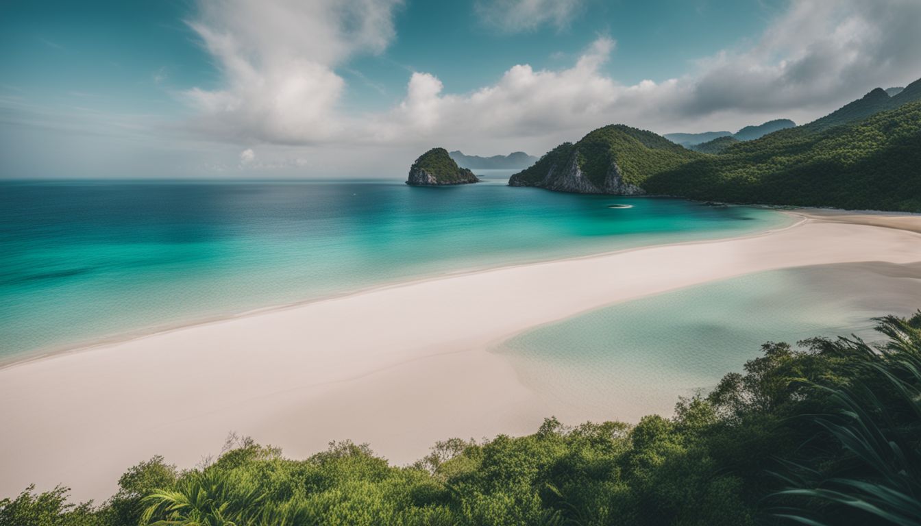 A stunning photograph capturing a pristine beach with crystal clear water and lush greenery.