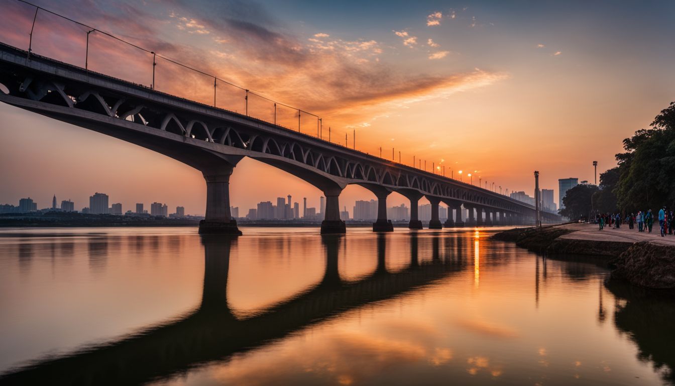 A photo of Khan Jahan Ali Bridge at sunset, reflecting in calm waters, showcasing a diverse group of people.