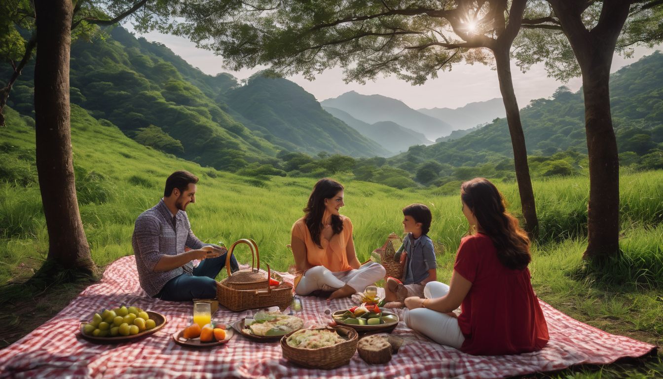 A diverse family enjoys a picnic in the lush greenery of Hiran Point, captured in a crystal clear photograph.