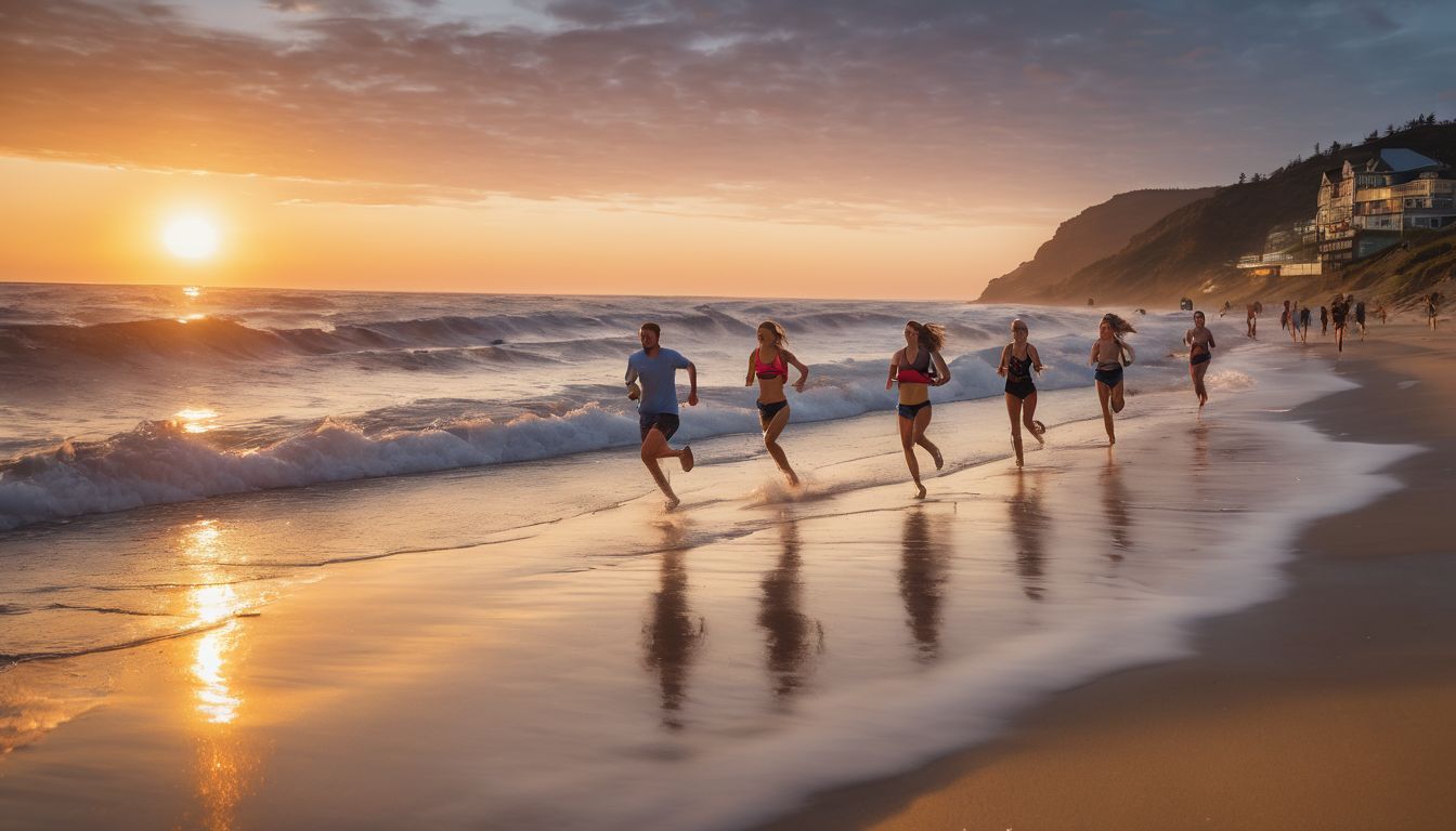 A diverse group of friends are captured running along the sandy shore, enjoying a beautiful sunset.