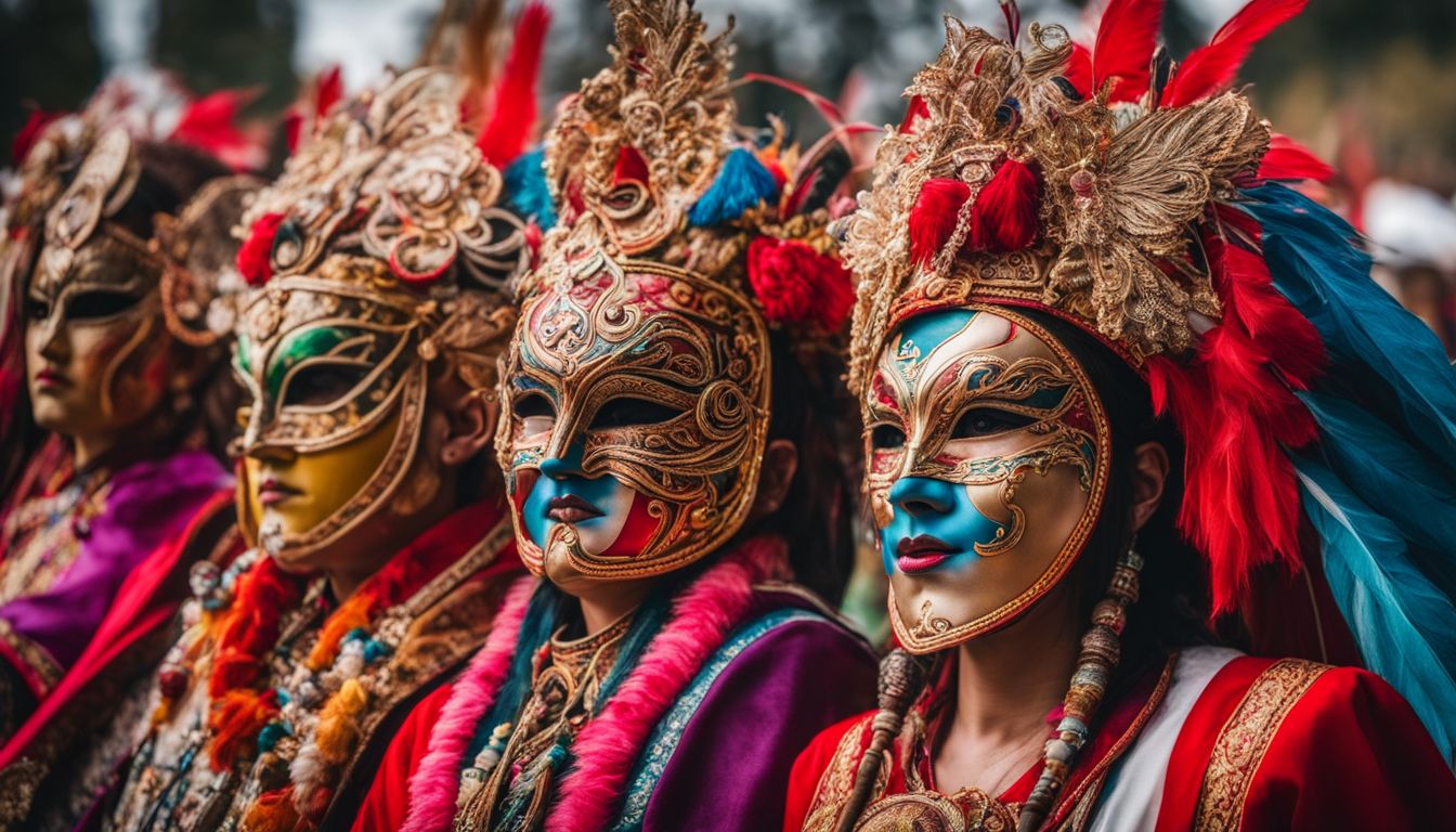 Colorful traditional masks and costumes showcased at a vibrant cultural festival.