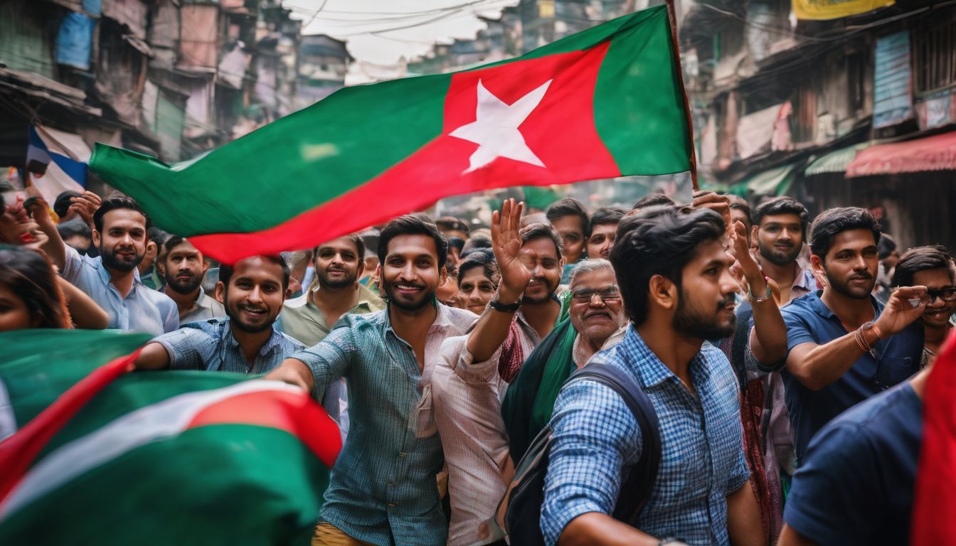 A group of people waving the Bangladeshi flag during Independence Day celebrations in a crowded street.