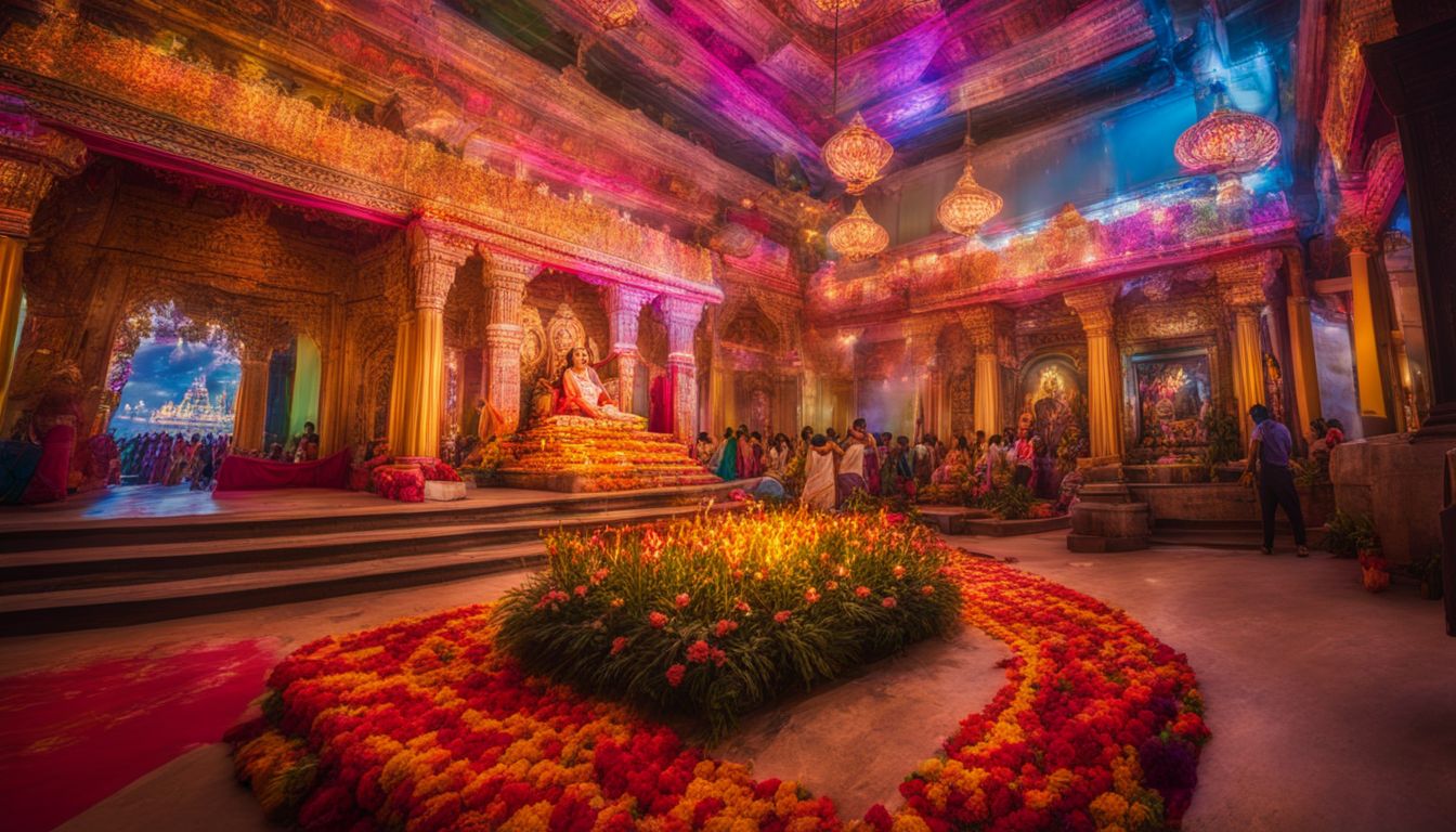 A beautifully decorated temple during Durga Puja, surrounded by colorful lights and flowers, captures the bustling atmosphere of the celebration.
