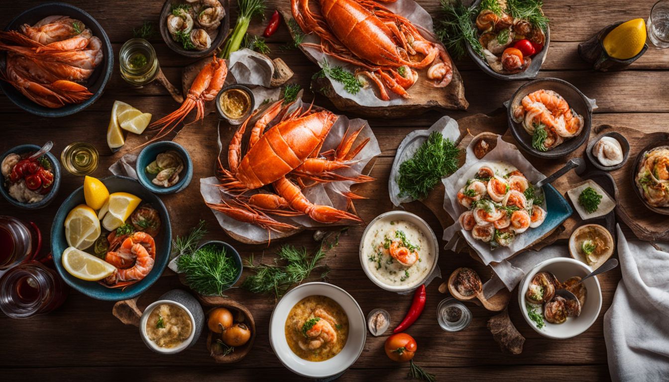 A mouthwatering display of seafood and local ingredients captured in a vibrant still life photograph.