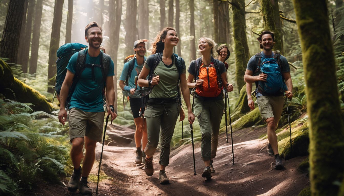 A diverse group of hikers is exploring a beautiful forest trail.