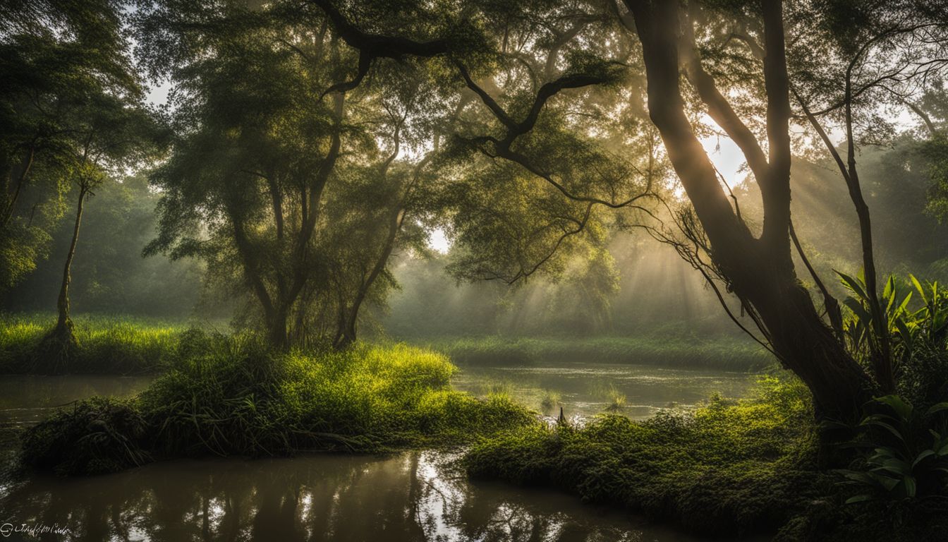 The Ratargul Swamp Forest and Gowain River captured in a stunning photograph showcasing its vibrant greenery and bustling atmosphere.