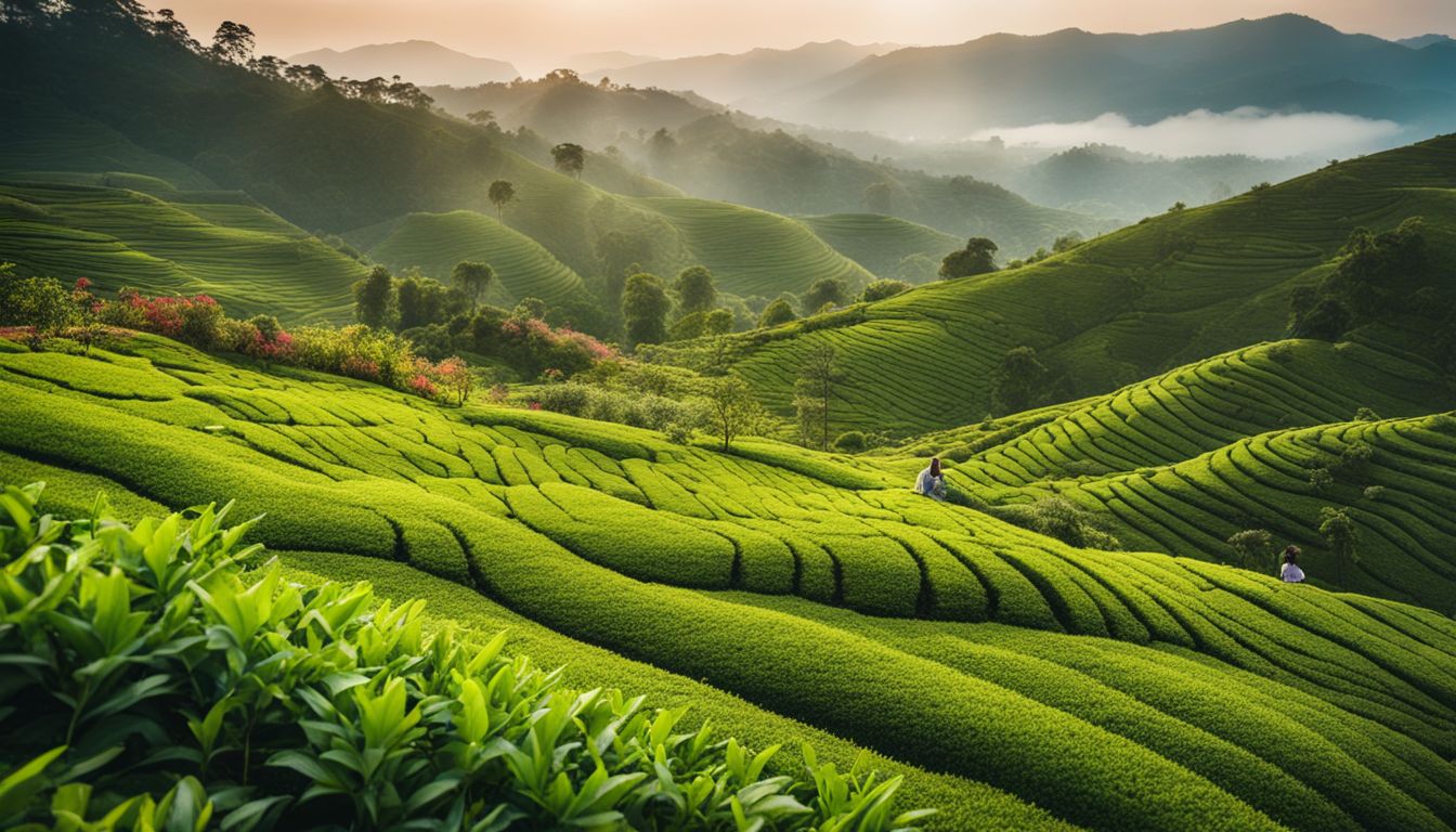 A vibrant tea garden with diverse people and beautiful scenery captured in a high-quality photograph.