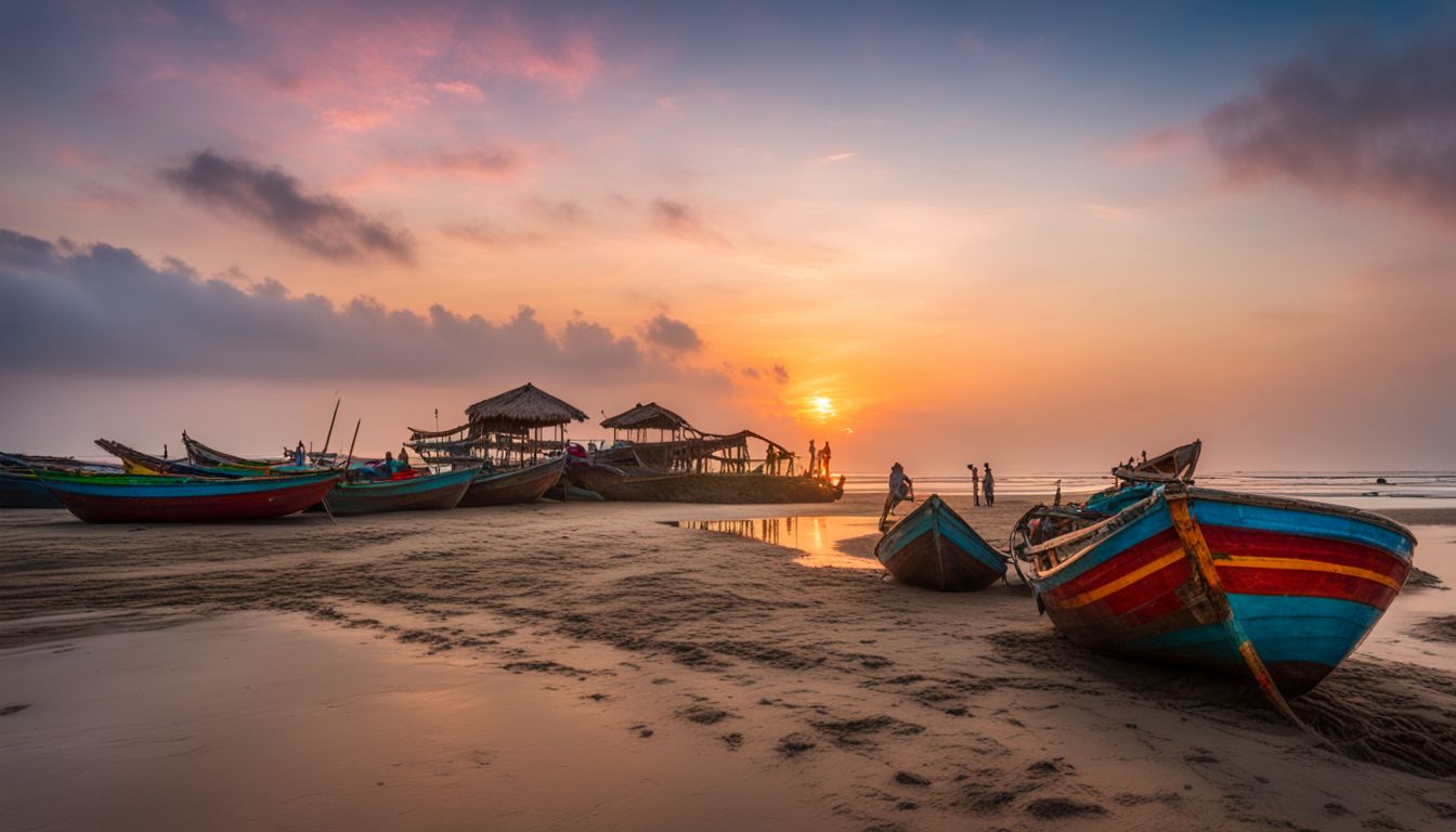 A picturesque sunrise scene at Kuakata beach in Bangladesh, showcasing colorful fishing boats with a bustling atmosphere.