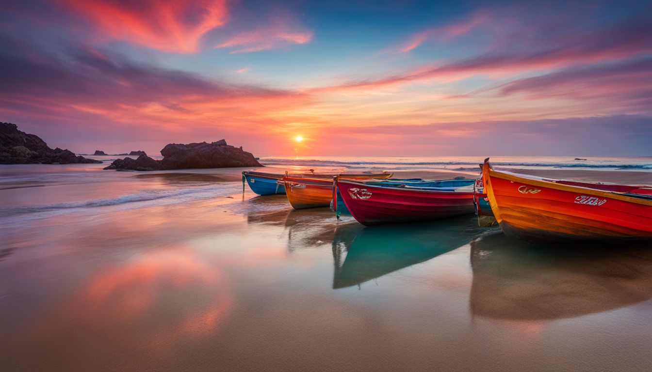 A picturesque sunrise scene at a beach with vibrant colors and various people and boats.