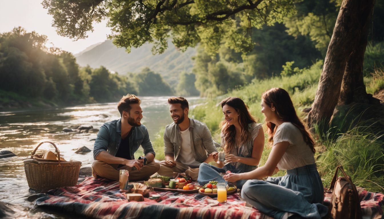 A diverse group of friends enjoy a picnic by the river surrounded by lush greenery in Bisnakandi.