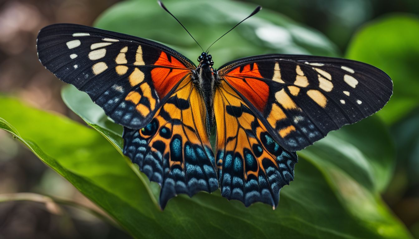 A colorful butterfly perched on a green leaf, showcasing diverse faces, hairstyles, and outfits in a bustling atmosphere.