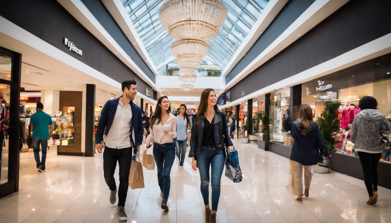 A diverse group of shoppers walking through a bustling shopping mall.