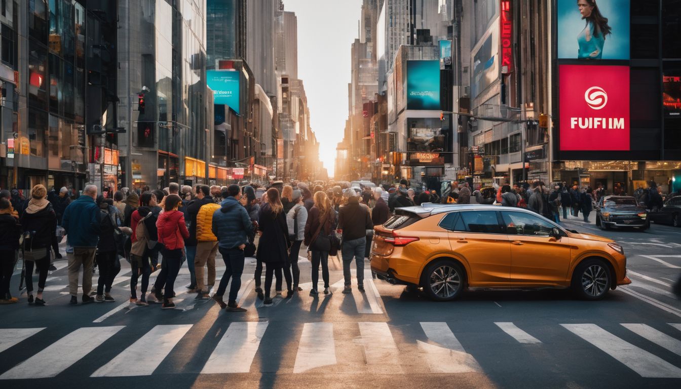 A diverse group of people at a busy city intersection captured in a high-quality photo.