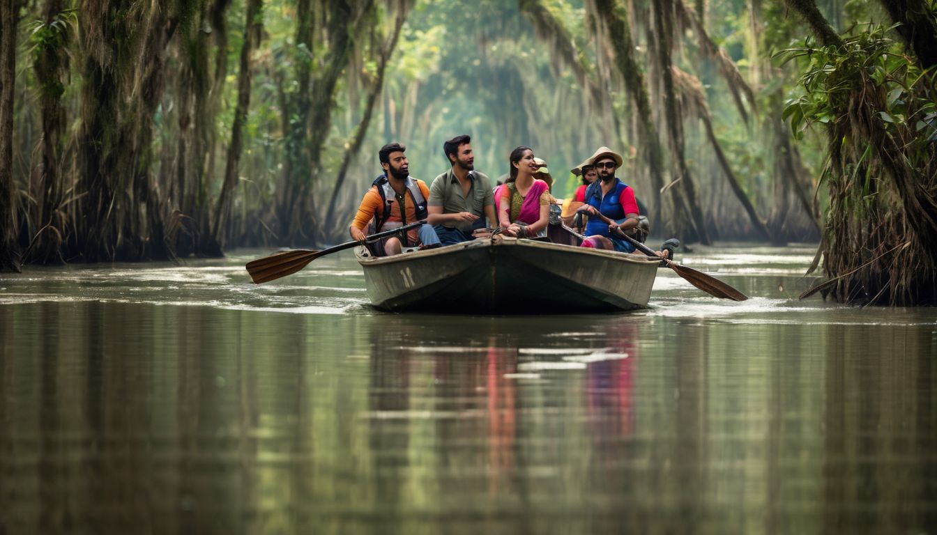 A group of tourists riding a motorboat through the serene Ratargul Swamp Forest.