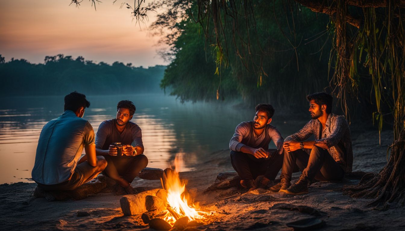 Tourists gather around a campfire amidst the serene beauty of the Sundarbans.