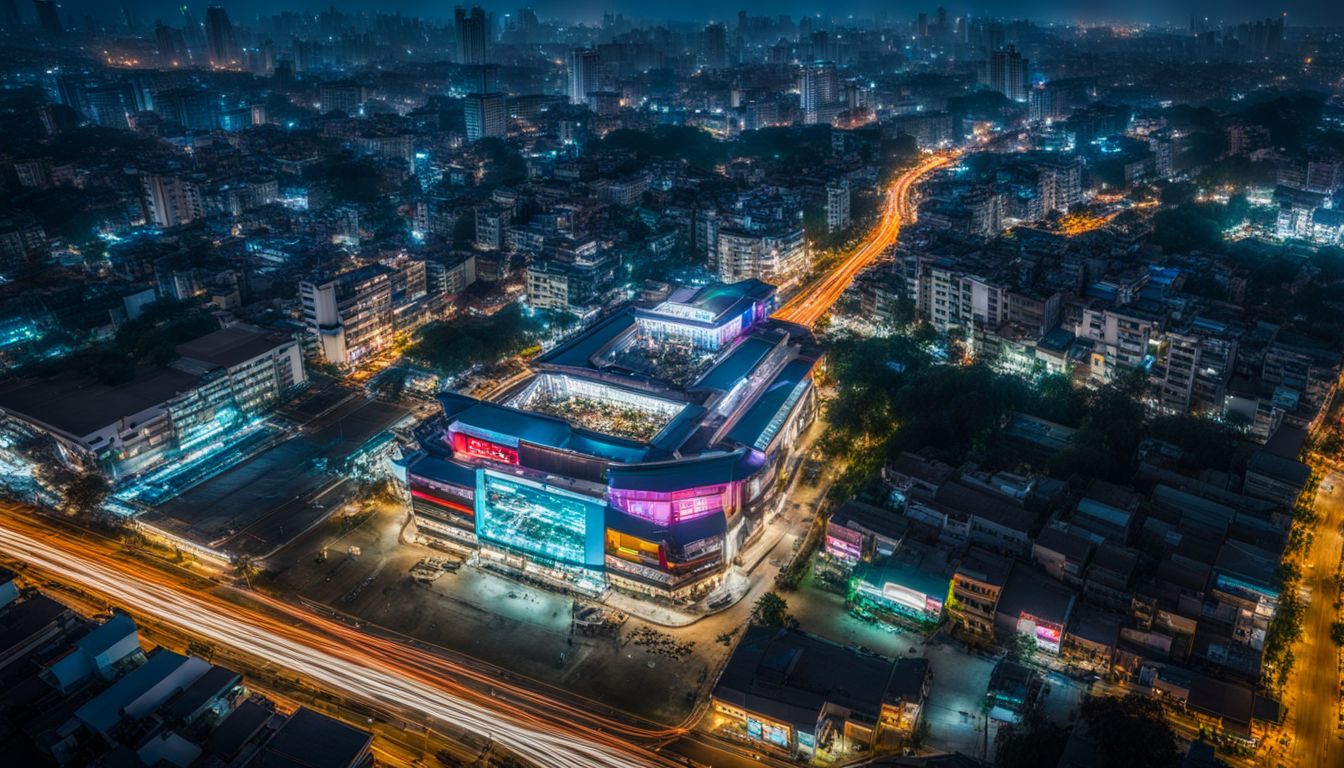 A nighttime aerial shot of the illuminated Bashundhara City Shopping Complex surrounded by a bustling cityscape.