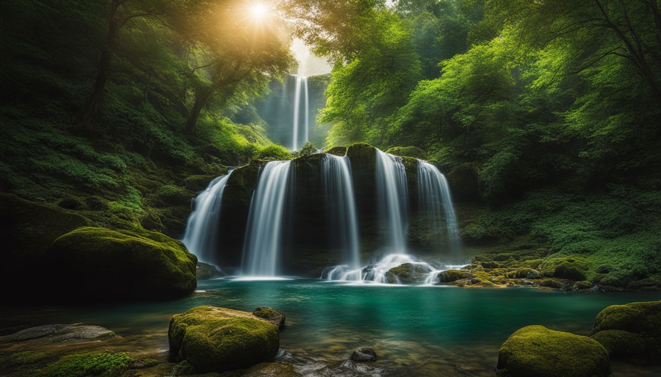 A beautiful photograph of a serene waterfall surrounded by lush green trees, with people of different backgrounds and attire.