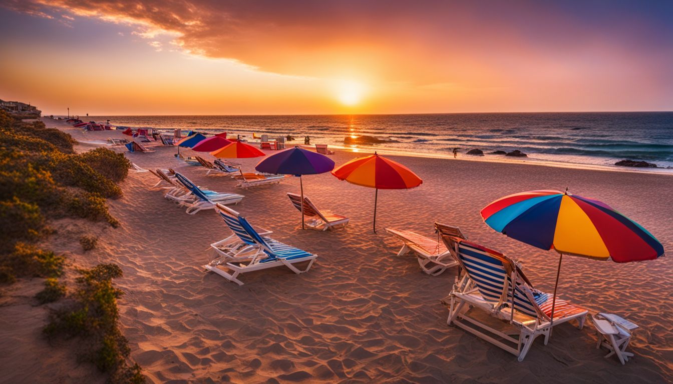 A vibrant beach scene at sunset featuring colorful umbrellas, beach chairs, and a bustling atmosphere.
