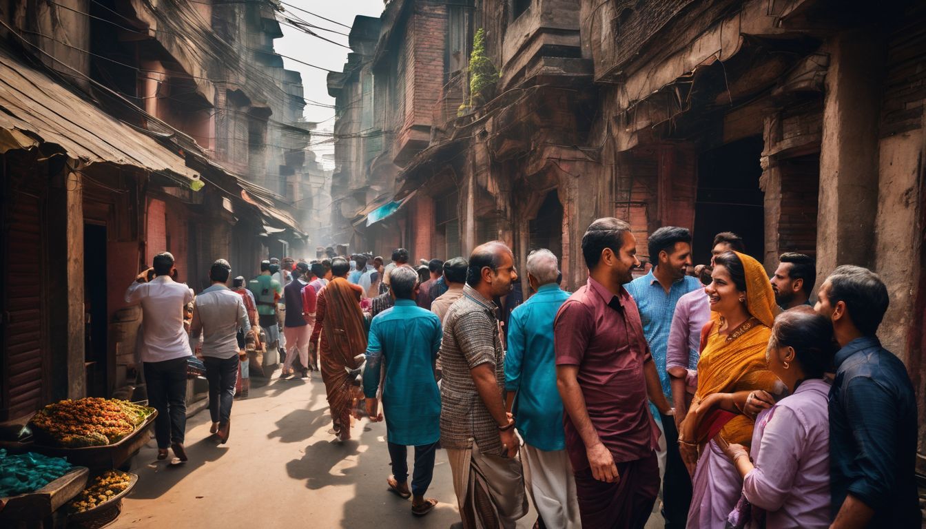A diverse group of tourists explore the lively streets of Old Dhaka, captured in stunning detail.