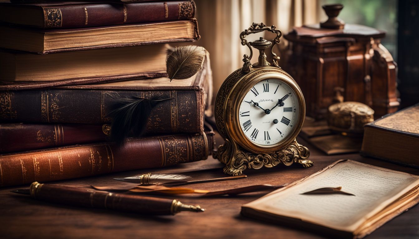 The image depicts a vintage scene with an antique clock, books, and a quill pen.