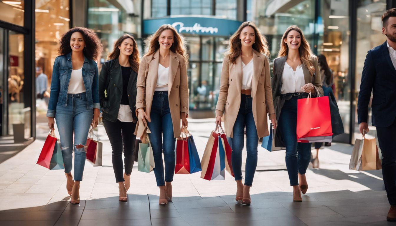 A diverse group of shoppers with shopping bags walking towards a modern shopping mall entrance.