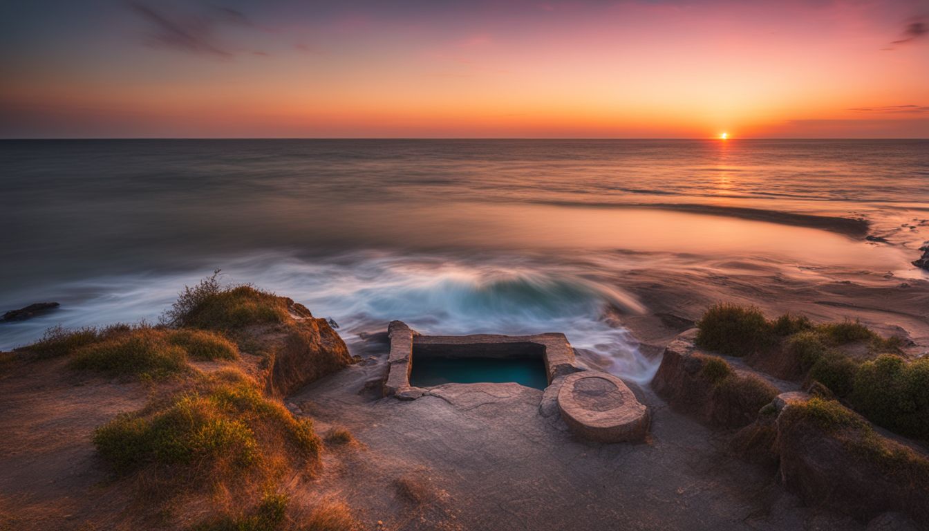 A serene seascape photograph featuring a well on the seashore during a beautiful sunset.