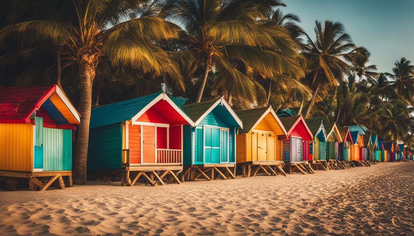 A vibrant cluster of beach huts with palm trees in the background, capturing a bustling and colorful seaside atmosphere.