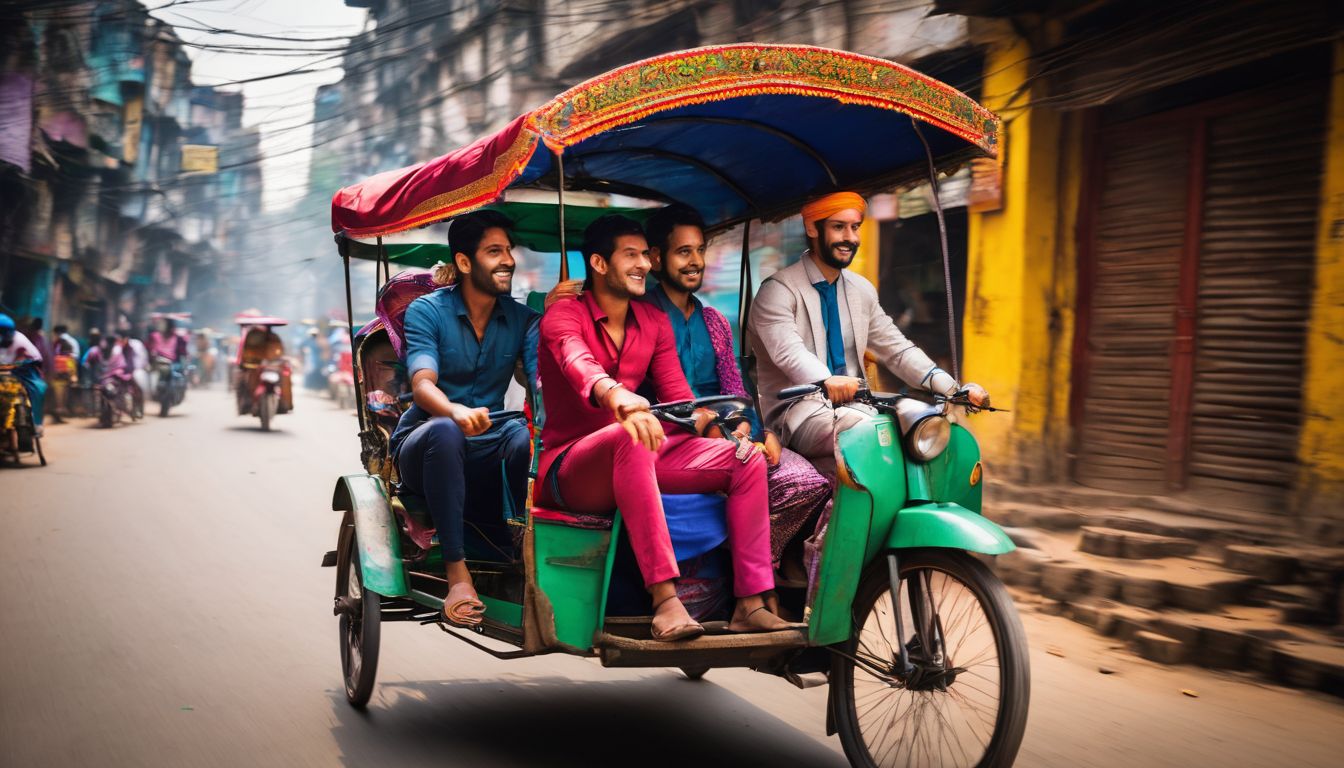 A diverse group of friends explore the vibrant streets of Dhaka on a colorful rickshaw.