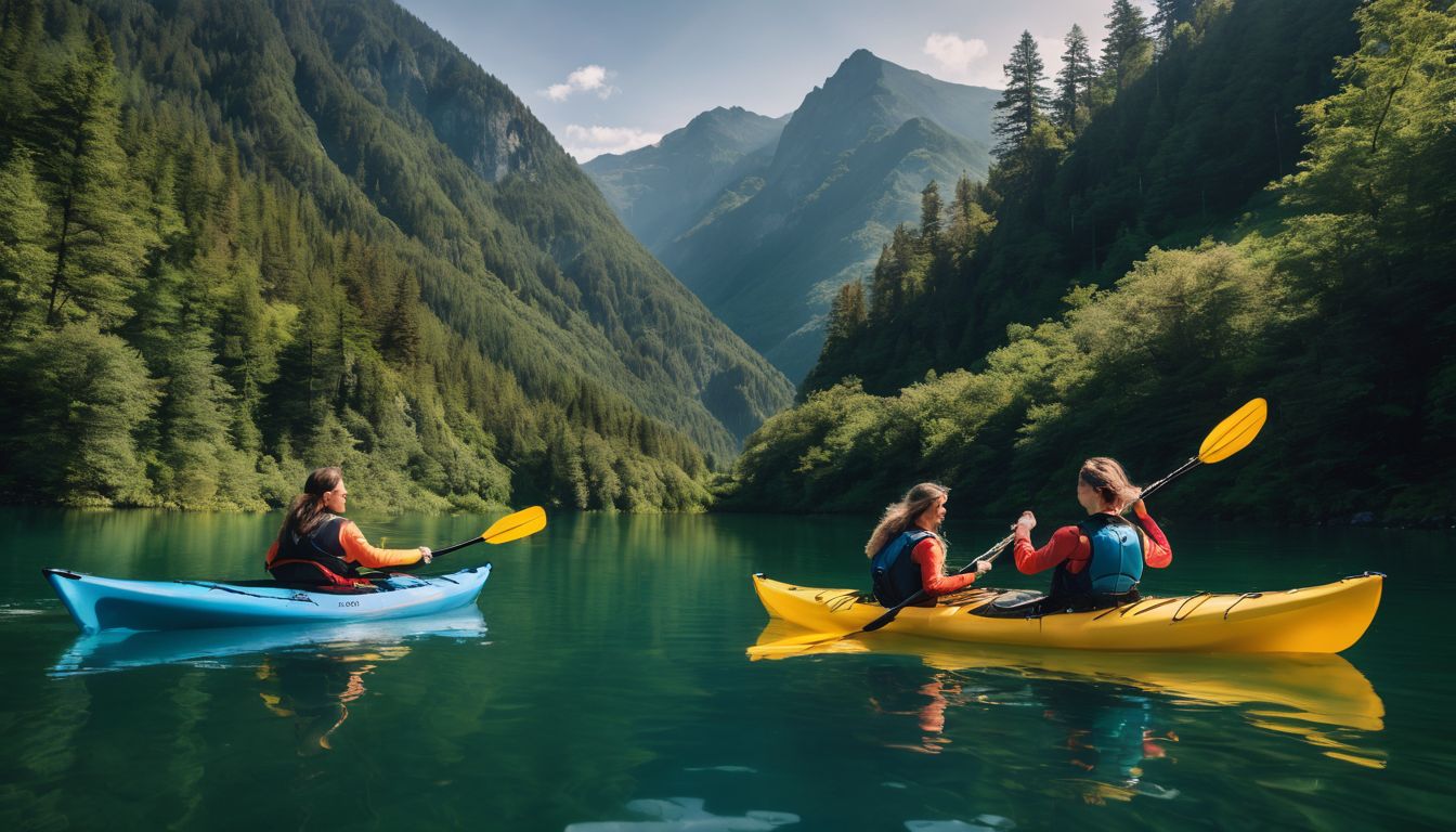 A group of friends enjoying kayaking on a tranquil lake surrounded by beautiful mountains.