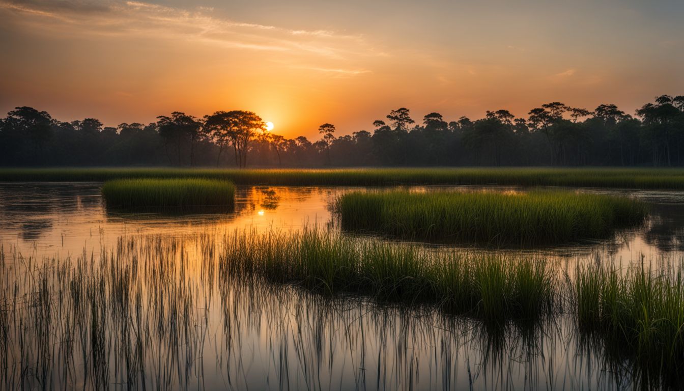 A stunning photograph of a serene sunset over the Ratargul Swamp Forest showcasing various individuals, hairstyles, outfits, and a bustling atmosphere.
