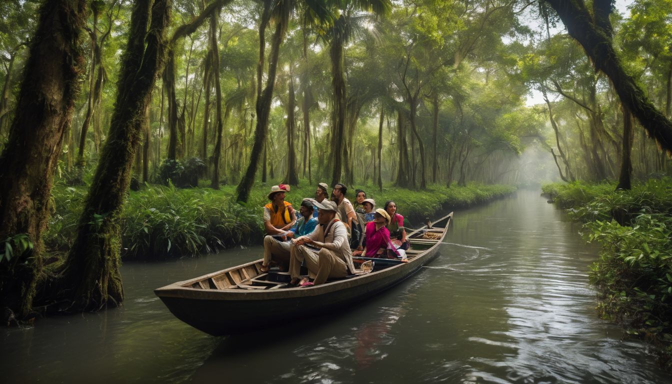A group of tourists enjoying a boat ride in Ratargul Swamp Forest surrounded by lush greenery.