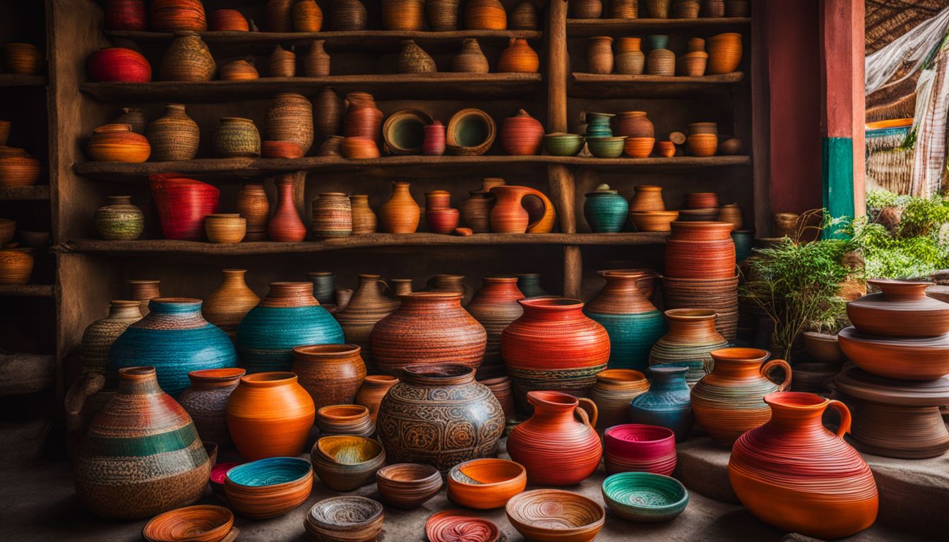 A vibrant display of traditional Bangladeshi pottery surrounded by colorful woven textiles and diverse individuals.