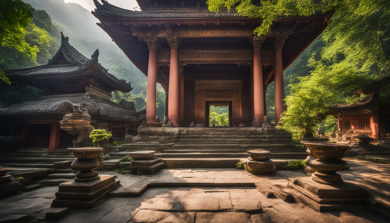A photo of an ancient temple surrounded by lush greenery, showcasing a bustling and diverse cityscape.