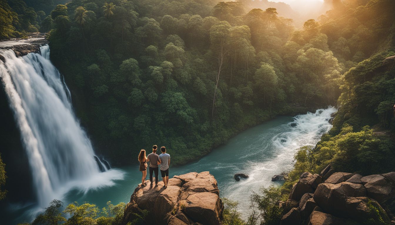 A young couple enjoys the view of Pangthumai Waterfall in a bustling atmosphere.