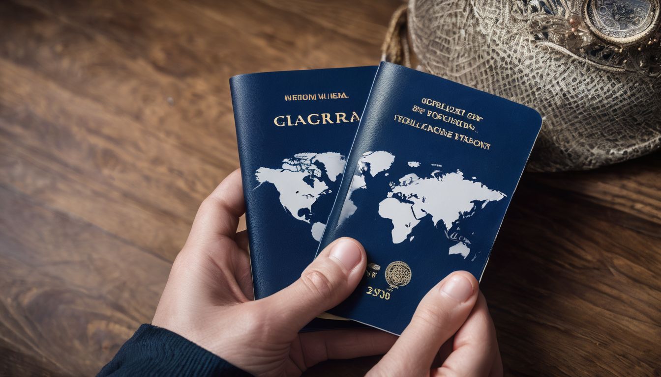 A close-up photo of a person holding a passport with a world map in the background, focusing on different faces, hair styles, and outfits.