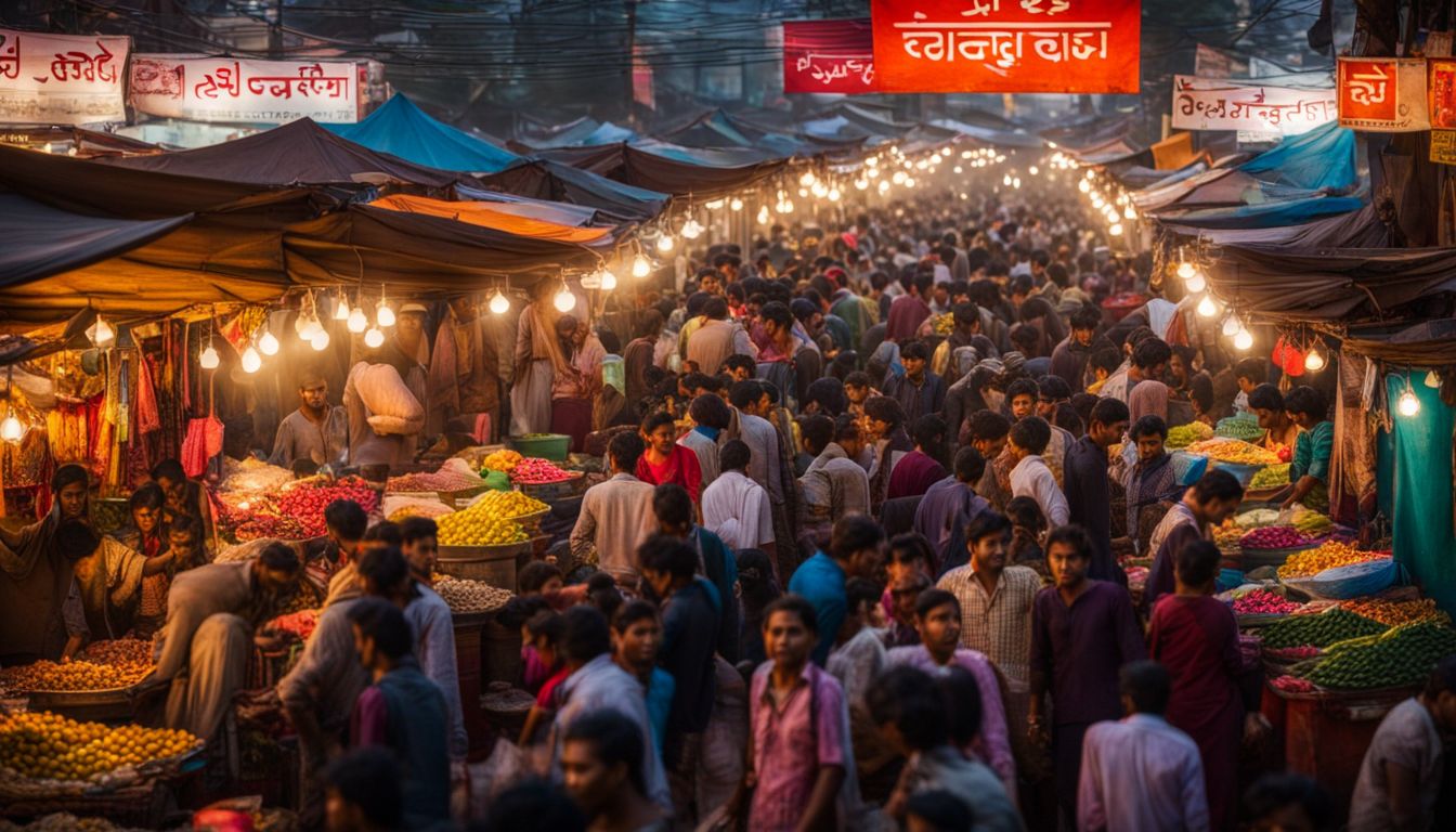 A vibrant street market in Dhaka, Bangladesh captures the bustling atmosphere and diversity of its people.