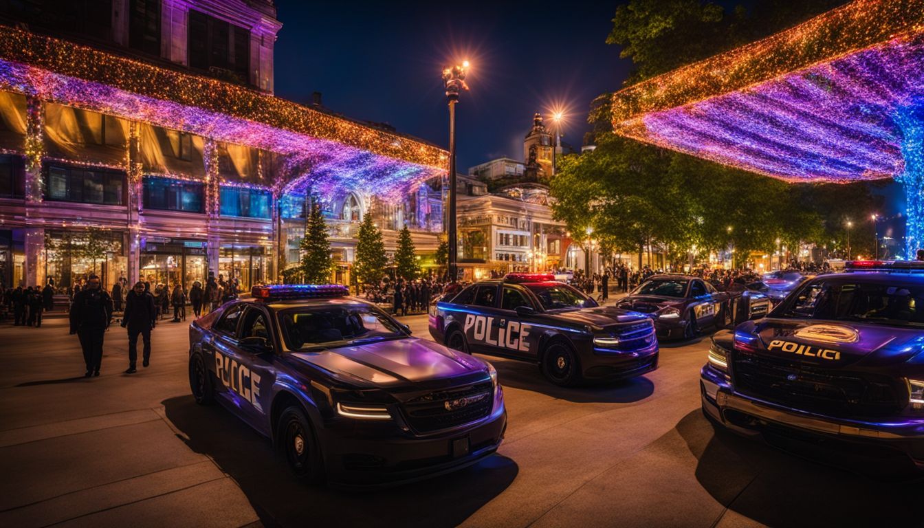 A vibrant night shot of Police Plaza Concord with colorful lights and bustling activity.