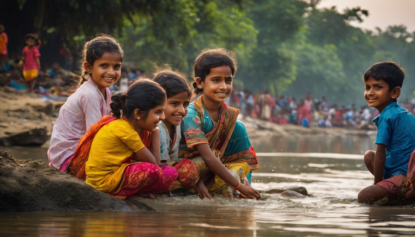 A lively group of local children play along the banks of the Bhairab River in Jessore.