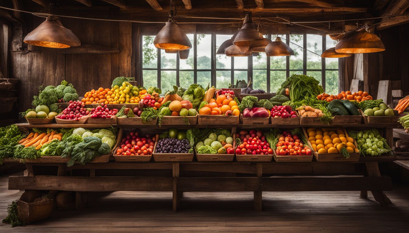A vibrant display of fresh fruits and vegetables on rustic wooden stands in a bustling market setting.