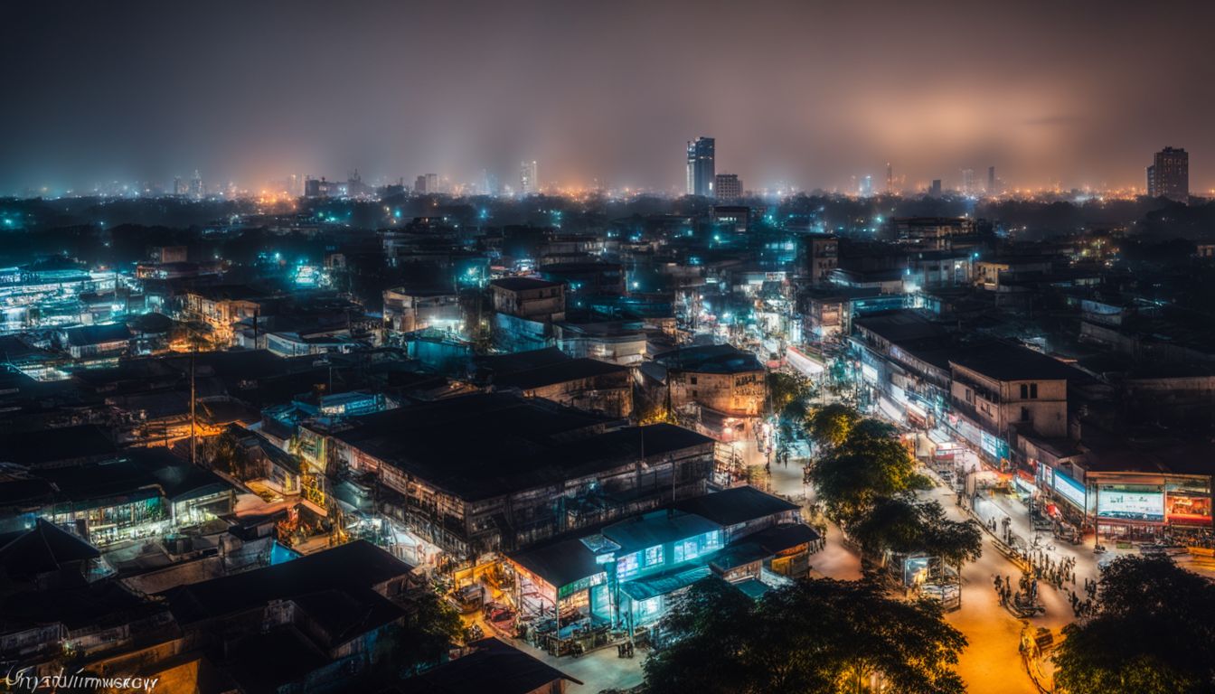 A vibrant nighttime cityscape photograph showcasing the bustling atmosphere of Khulna city.