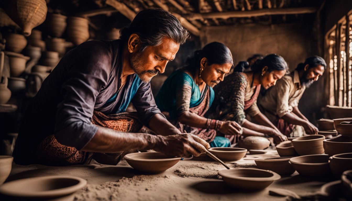 A photo of a traditional Bangladeshi pottery workshop showcasing the craftsmanship and bustling atmosphere of Bangladeshi culture.