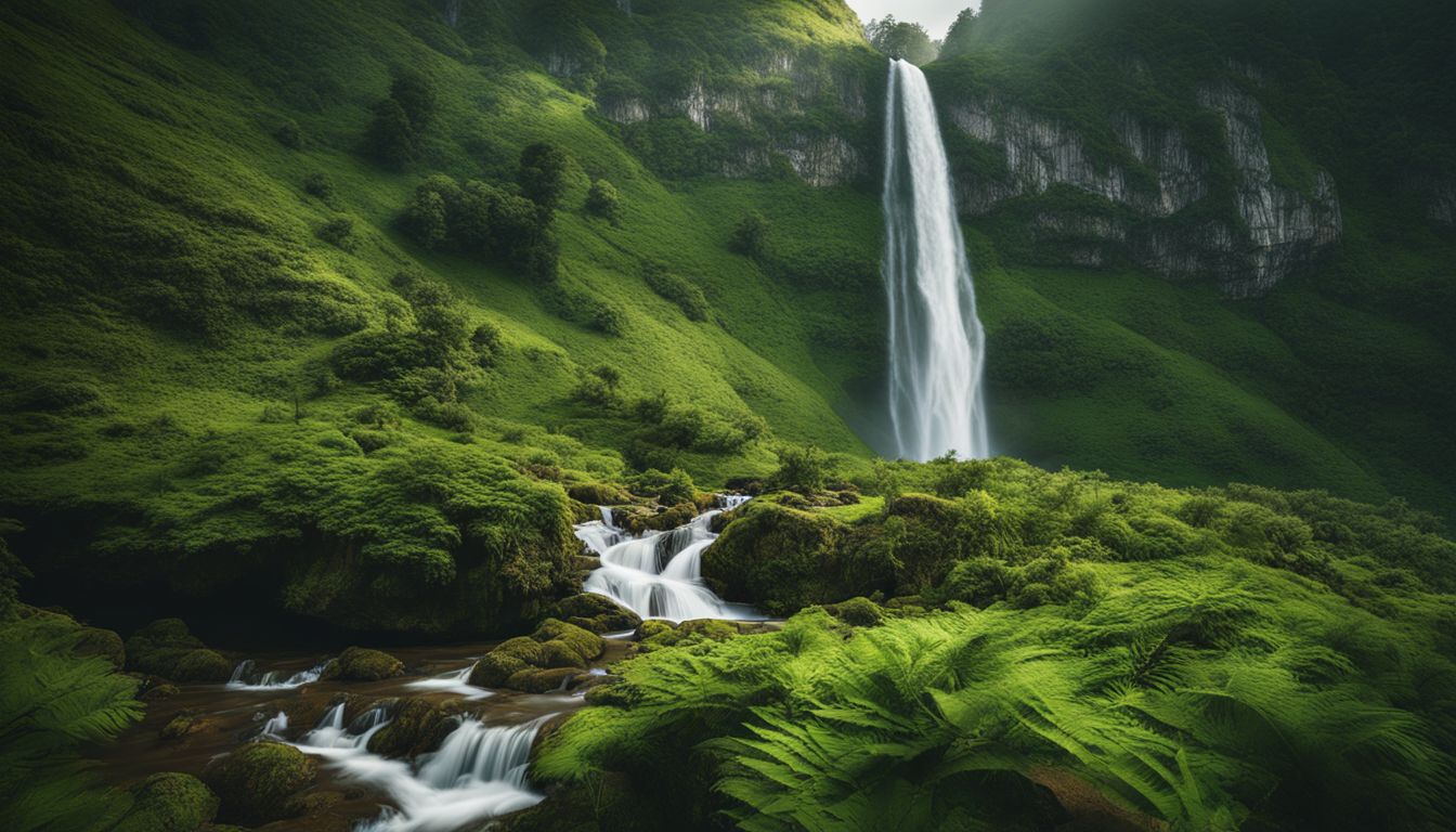 A stunning photo of a majestic waterfall cascading down lush green mountains surrounded by people in different outfits.