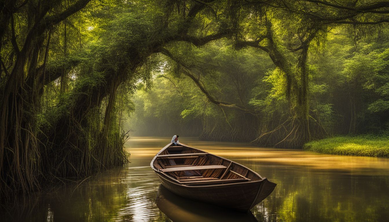 A wooden boat sails through the lush greenery of Ratargul Swamp Forest in this nature photography.