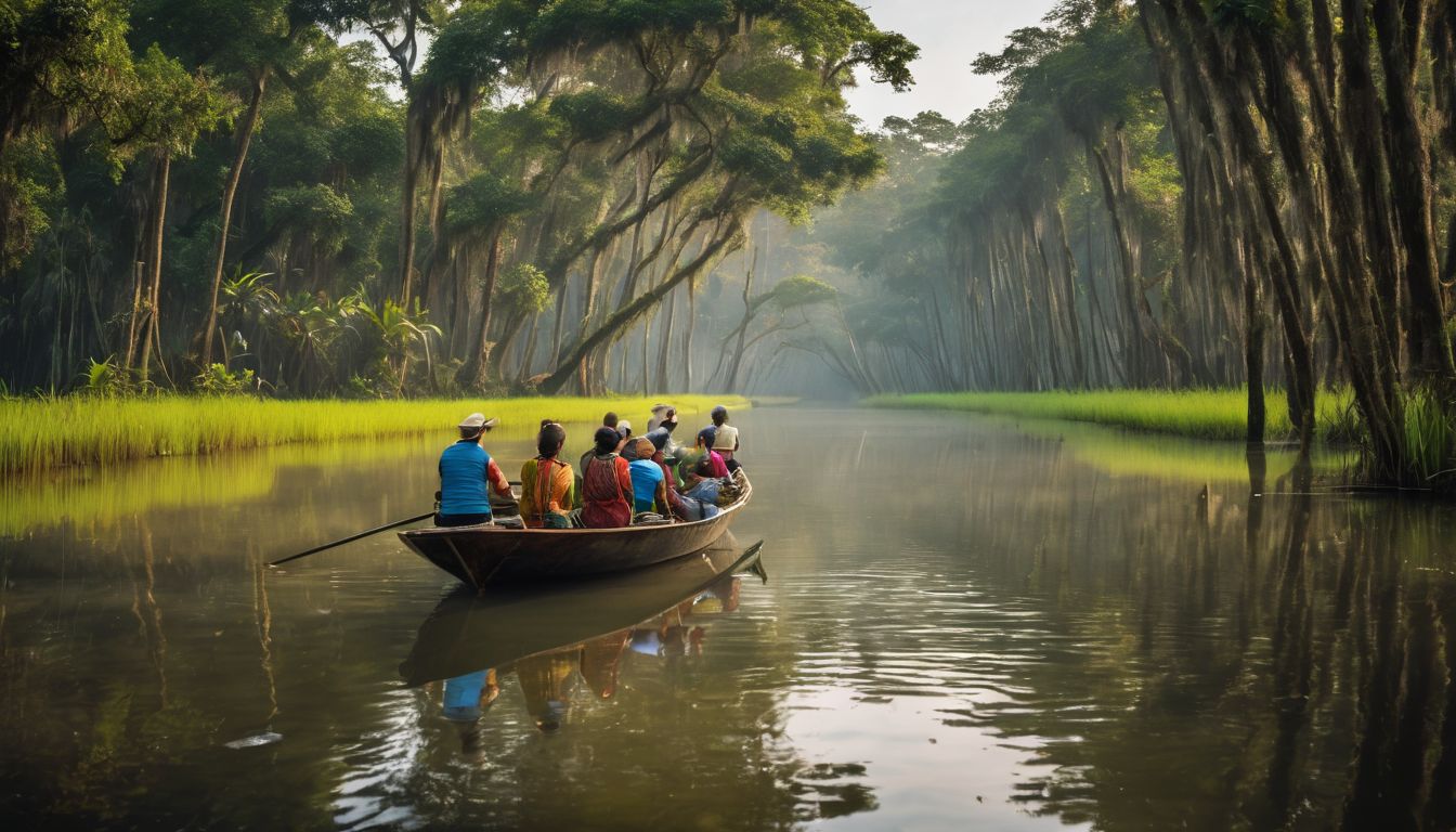 A diverse group of tourists sailing through the lush greenery of Ratargul Swamp Forest.