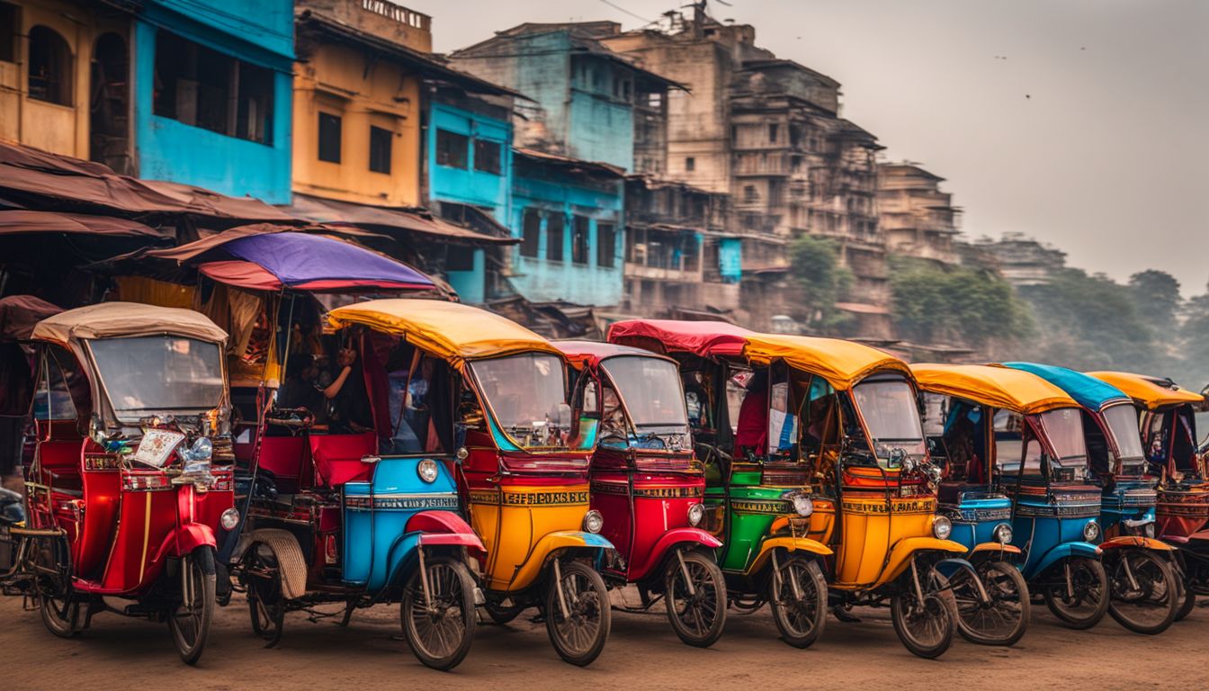 A colorful array of rickshaws lined up near the bustling Rupsa River.